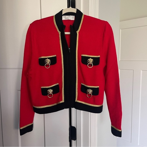 St. John Evening Collection Red Black Zip Gold Tiger Lion Detail Jacket - Picture 1 of 5